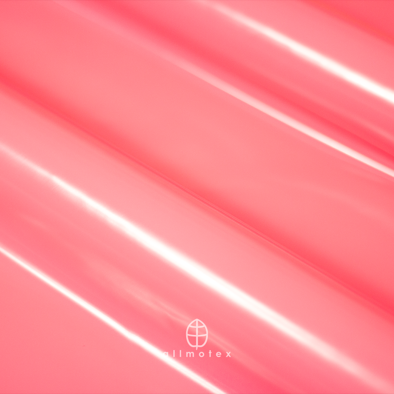 Close-up of fuchsia pink glossy latex with Allmotex logo.