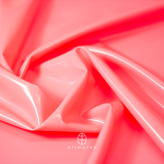 Close-up of fuchsia pink glossy latex with Allmotex logo.
