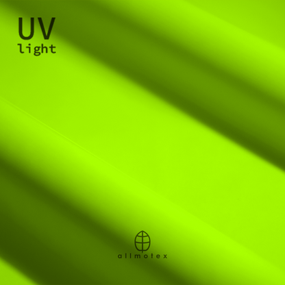 Close-up of yellow glossy latex reacting to UV light with Allmotex logo.
