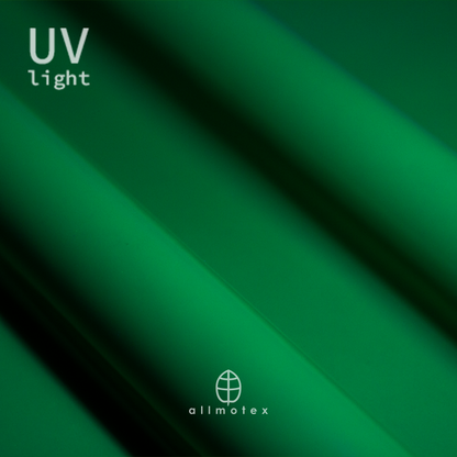 Close-up of green glossy latex reacting to UV light with Allmotex logo.