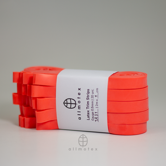 Atomic Tangerine Orange 1cm latex trim with allmotex label on a white background