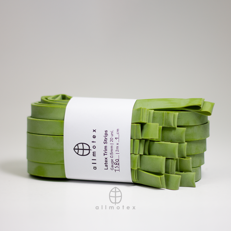 Natural Green 1cm latex trim with allmotex label on a white background
