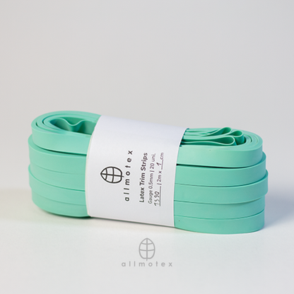 Jade Green 1cm latex trim with allmotex label on a white background
