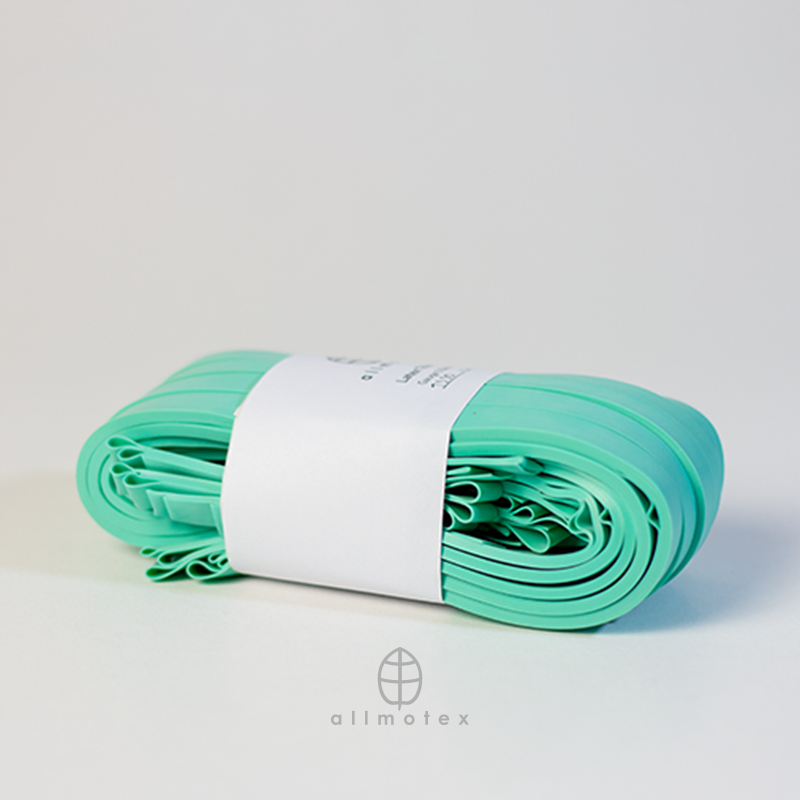 Jade Green 1cm latex trim with allmotex label on a white background