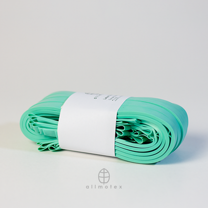 Jade Green 1cm latex trim with allmotex label on a white background